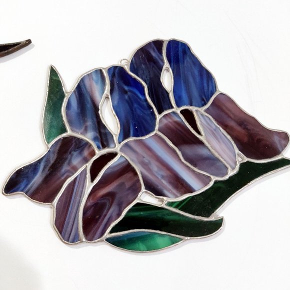 Vintage Stained Glass Sun Catcher Set 2 Hummingbird Iris Blue Violet Purple Hand - Picture 8 of 10